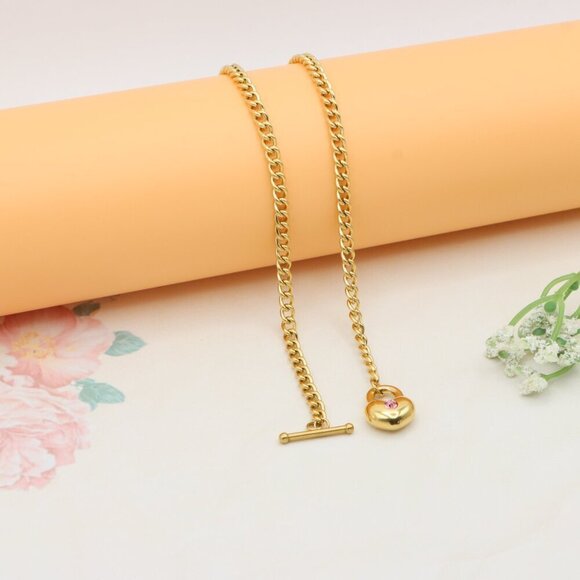 Chunky Gold Chain Necklace with Heart Pendant and Pink Stone, XPNL0372 - Picture 13 of 13